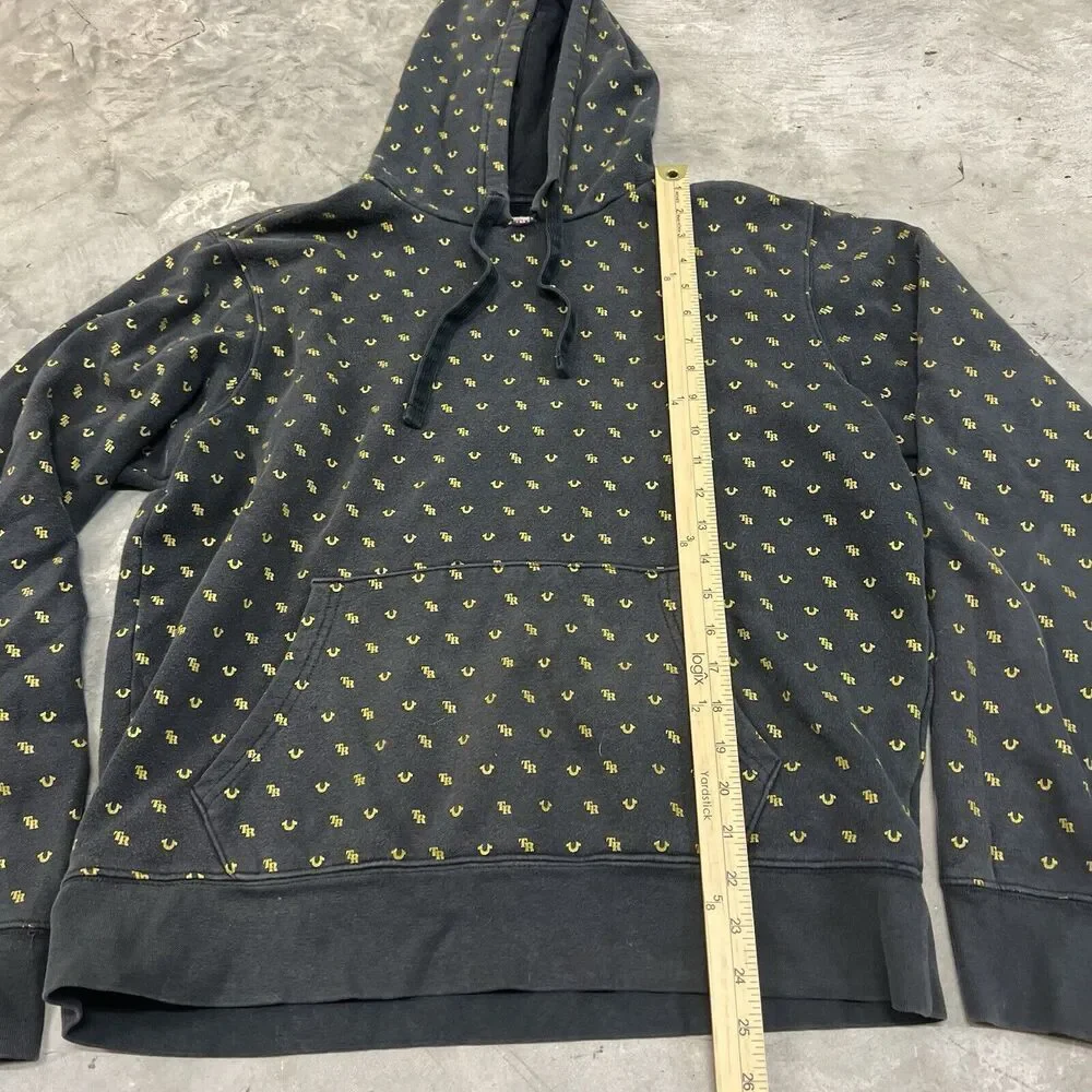 True Religion Mens Large Black Hoodie Sweater All Over Logo Print Pullover READ